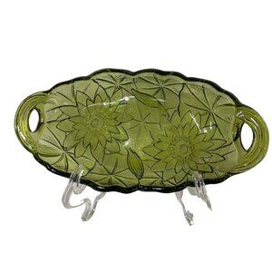 Vintage Green Glass Serving Tray With Floral Etching & Handles For Elegant Table